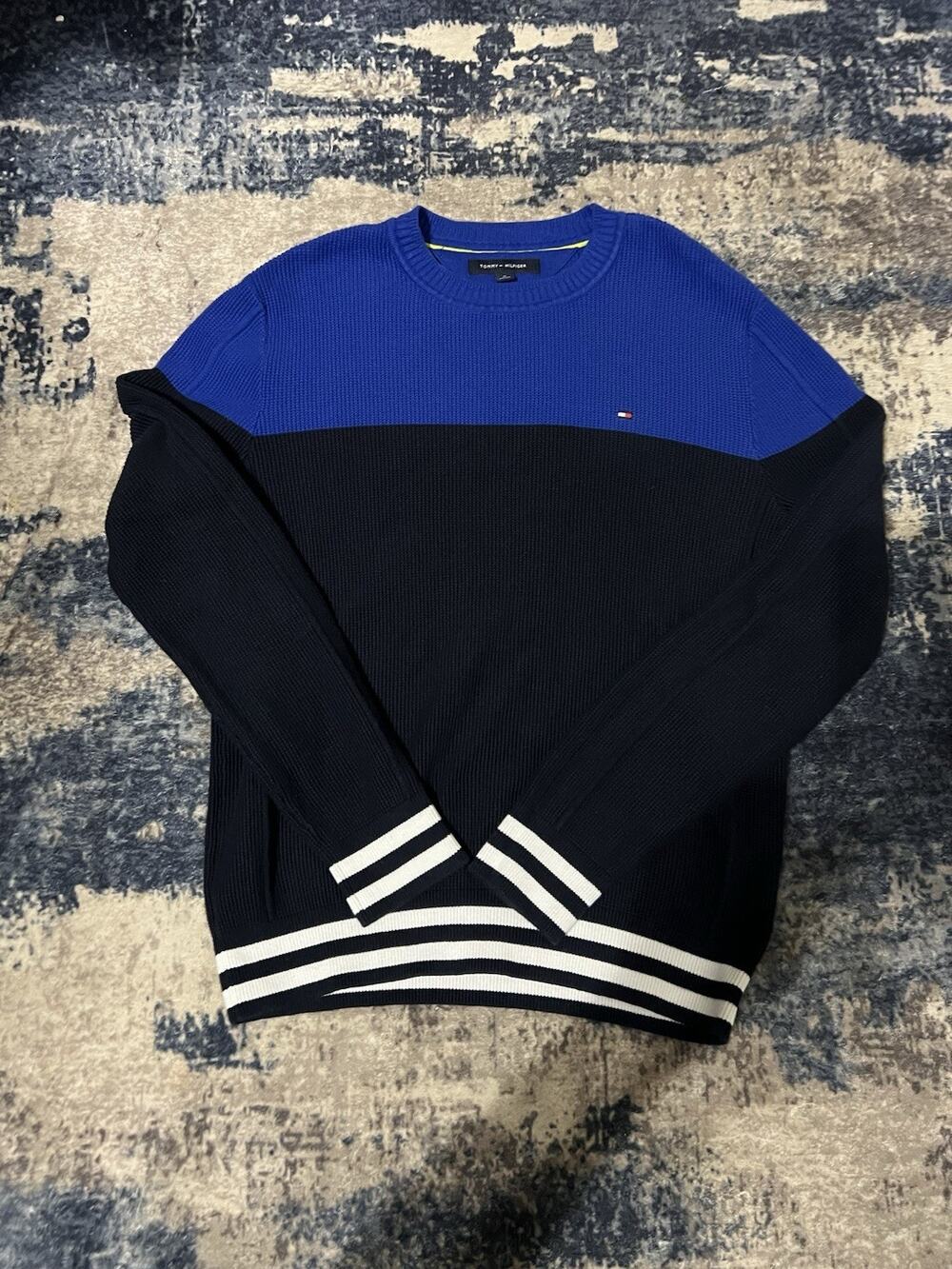 Size M- Vintage Tommy Hilfiger Black/Blue Striped Logo Ribbed Crewneck Sweater